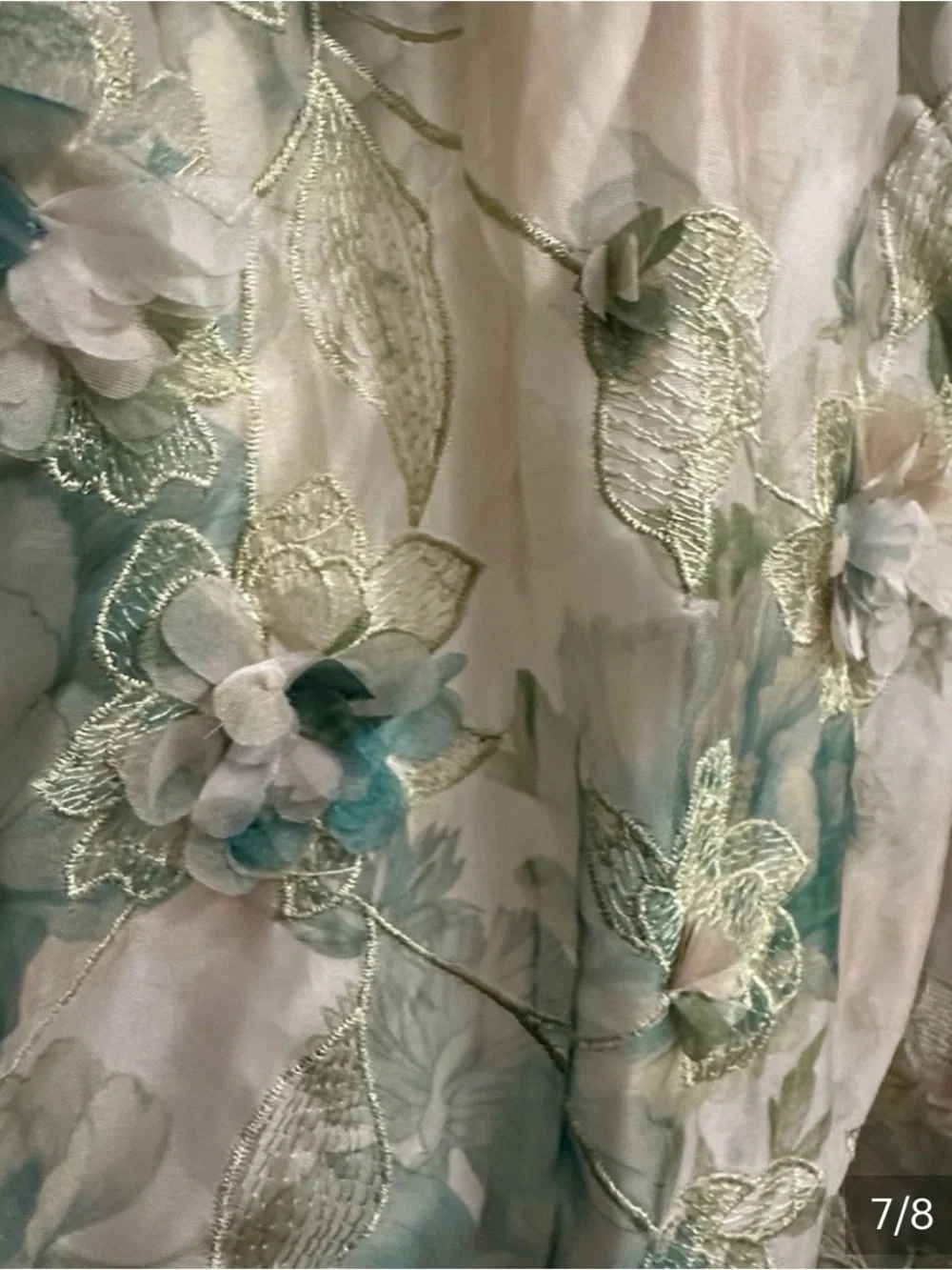 Anthropologie BHLDN Cream and Blue-Green Floral Spaghetti-Strap High-Low Dress - Picture 7 of 7